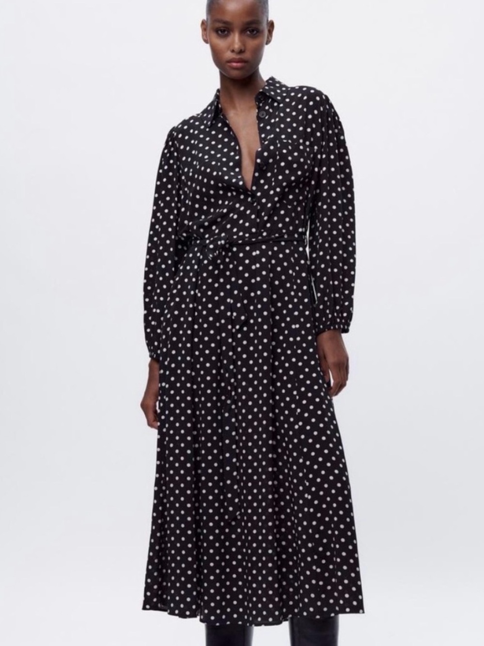 Zara Black and White Polka Dot Midi Dress Pockets, Belt Size M Long Sleeve
